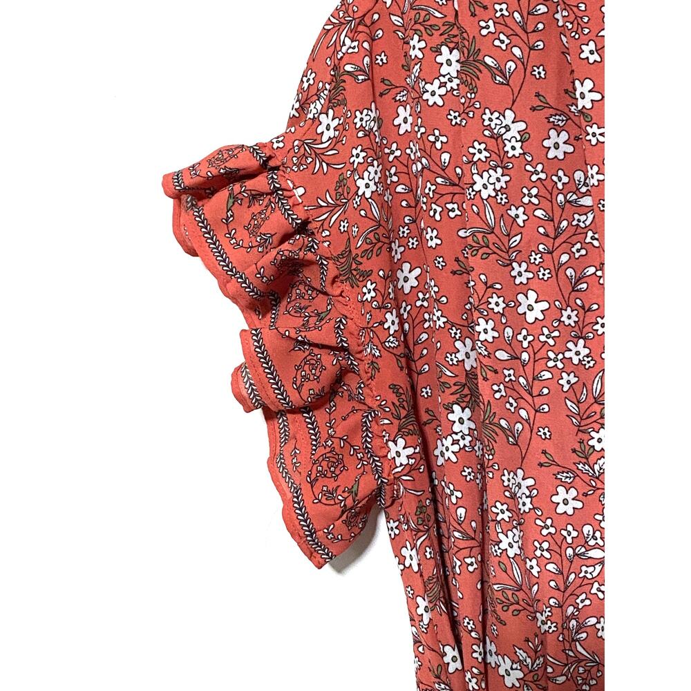 Max Studio Floral Prairie V Neck Dress S Ruffle Sleeves Cottage Smocked Belt Bow - Picture 5 of 9